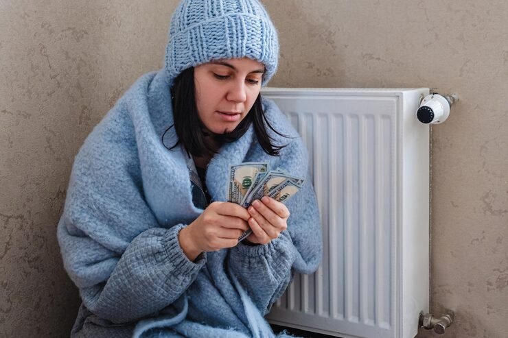A woman wearing a blue hat and scarf is holding a stack of money in her hands