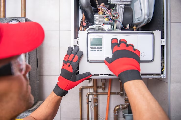  A man in gloves and a red hat repairs a gas furnace, focused on his task in a well-lit workshop